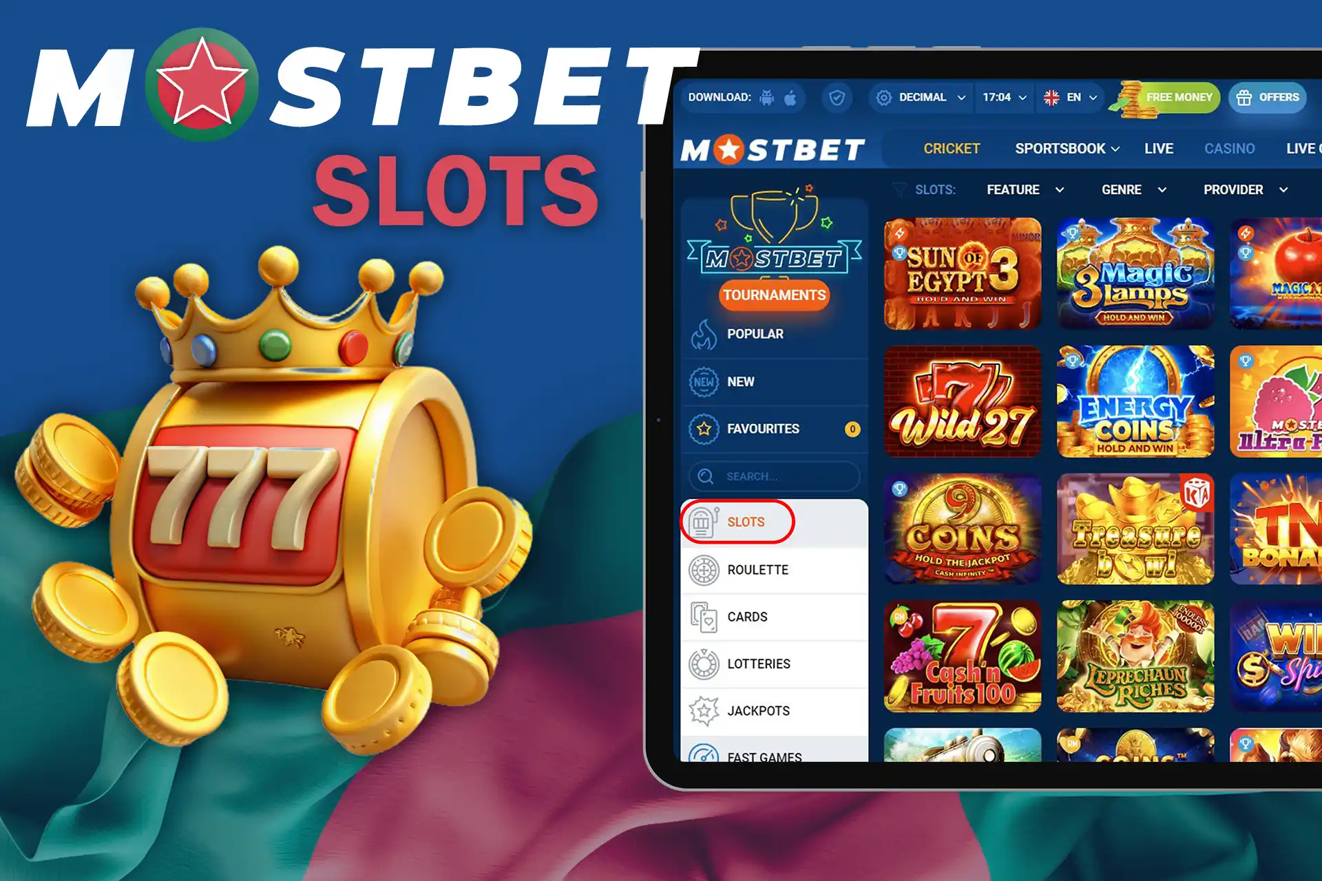 Large selection of casino slots