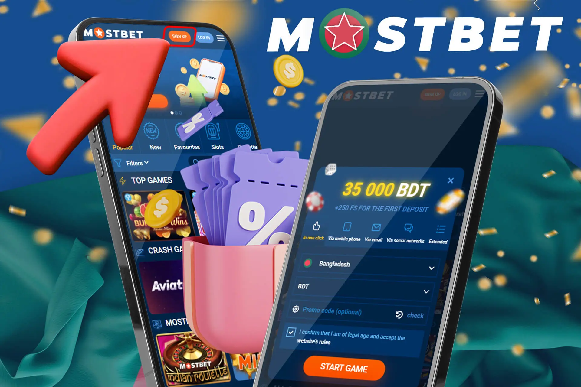 Register and enter the promotional code for Mostbet